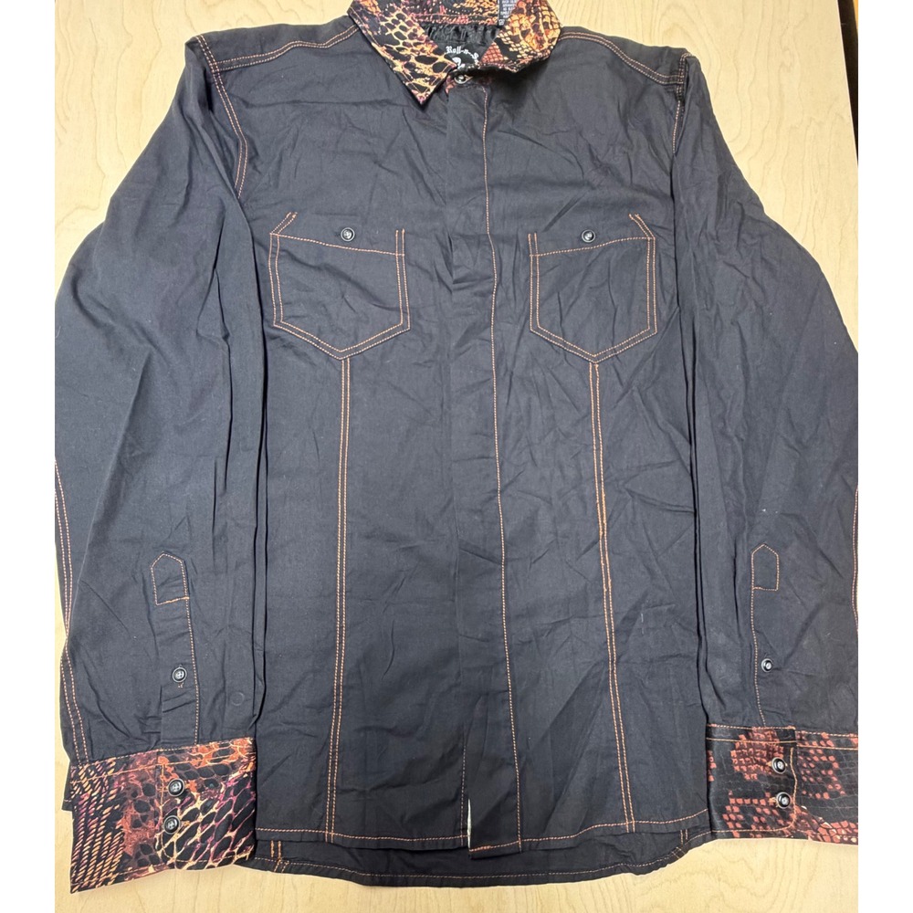 Rock Roll-n-Soul Button Down Mens Large Black Snakeskin Collar Contrast Stitch